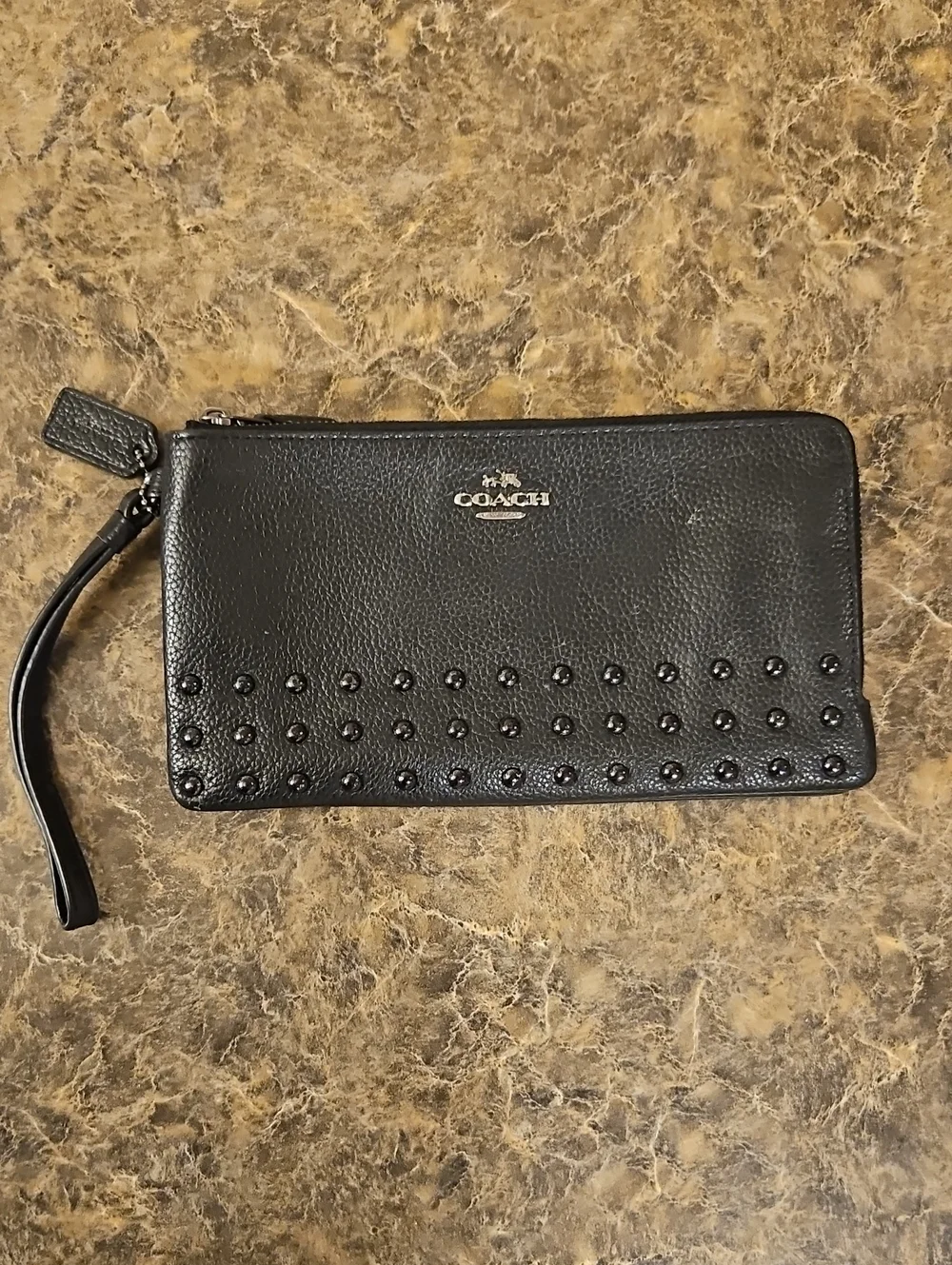 Coach Black Pebbled Leather Studded Wristlet Wallet